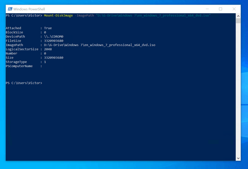 Com muntar ISO a Windows 10 amb PowerShell