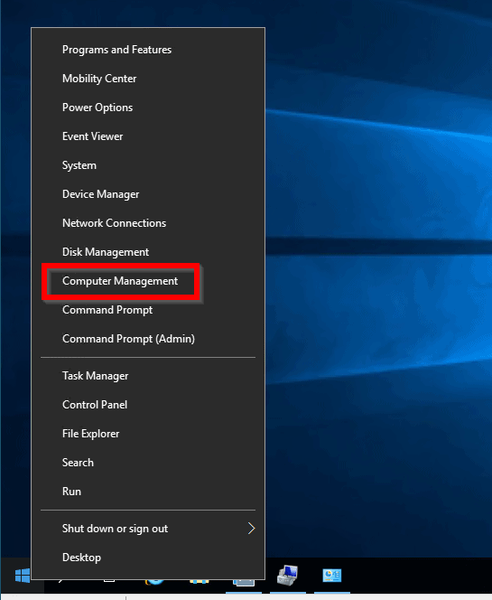 zisťovanie siete neustále vypína server 2016 – kliknutím pravým tlačidlom myši na ponuku Štart systému Windows Server 2016 otvorte Správa počítača