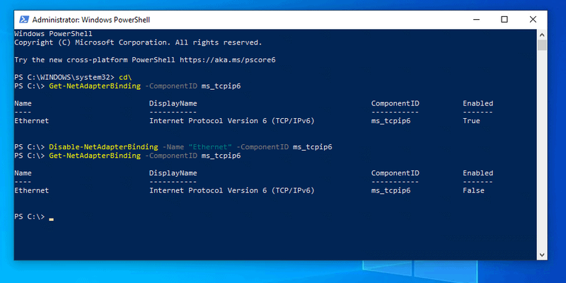   Deshabilitar IPv6 en Windows 10 con PowerShell