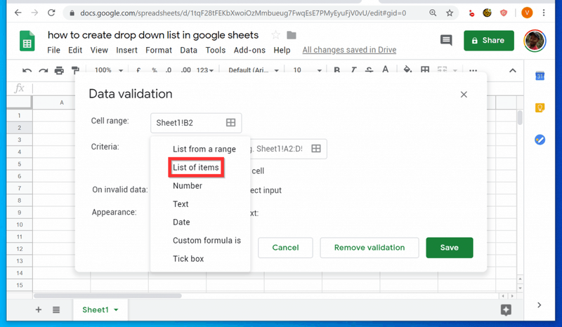 Hur man skapar en rullgardinslista i Google Sheets från en PC