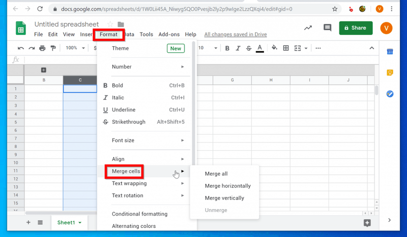 Com combinar cel·les a Google Sheets des d'un ordinador