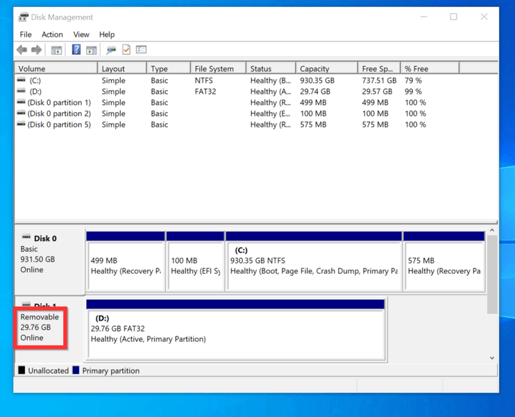 Com formatar la targeta SD a Windows 10 - Pas 2: mètode 1 - Formateu una targeta SD des de la Gestió de discs
