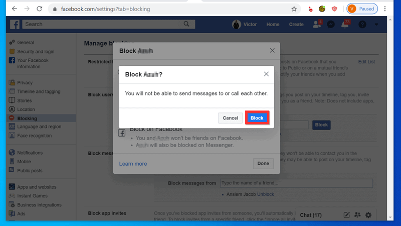 Kuidas blokeerida kedagi arvutist Facebook Messengeris (Facebook.com)