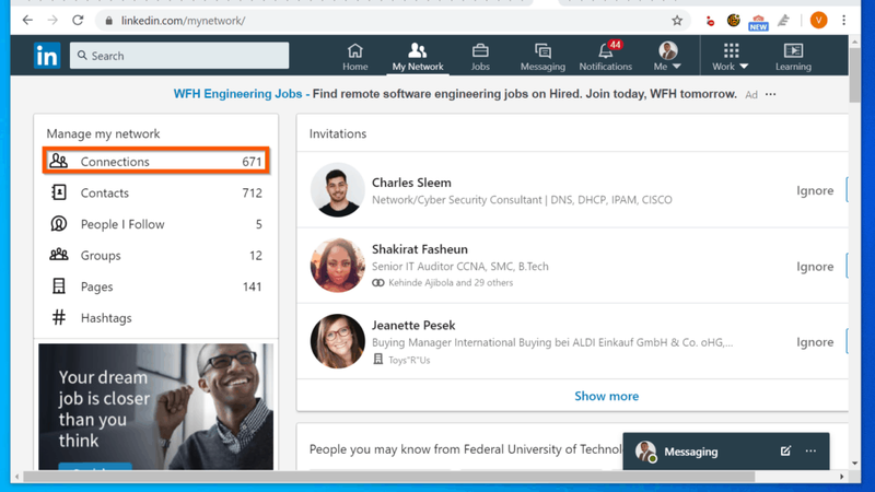 Ako sťahovať kontakty LinkedIn - Potom v ľavej hornej časti siete LinkedIn - pod