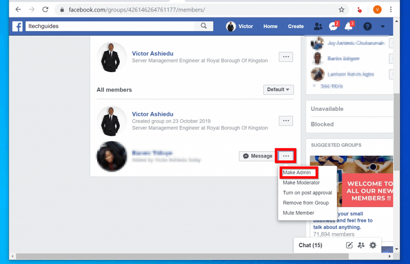 Hur man lägger till admin i Facebook-gruppen från en PC (Facebook.com)