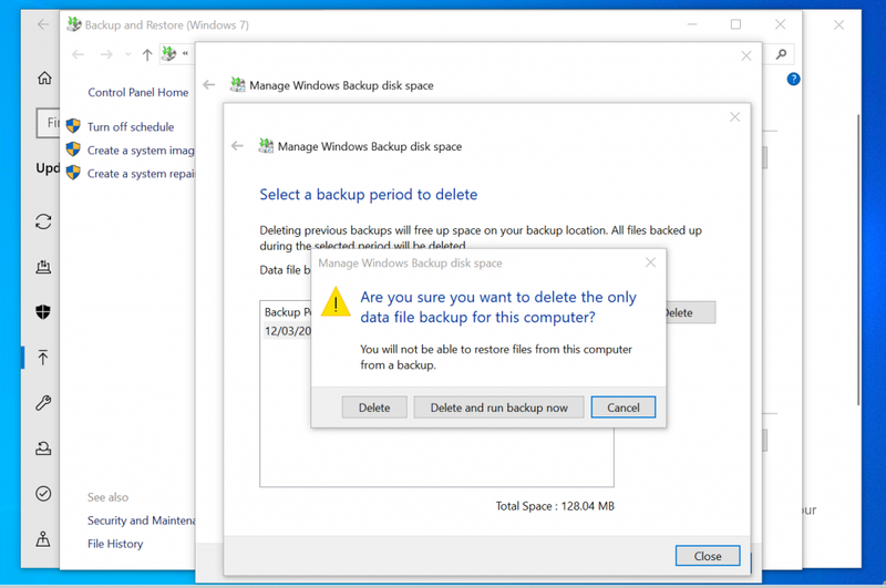 Kaip ištrinti atsargines kopijas „Windows 10“ naudojant „Windows 7“ atsarginę kopiją