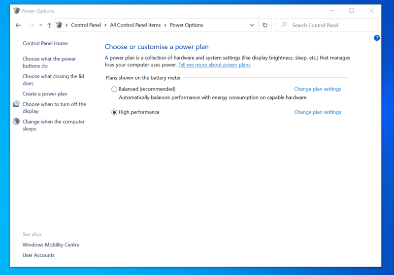 Per optimitzar Windows 10 per a jocs: optimitza el pla d'energia per a jocs