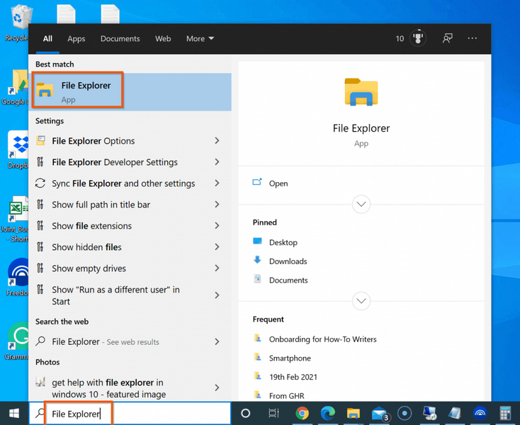 Kuidas lähtestada File Explorer vaikevaade Windows 10-s - avage File Explorer otsingu kaudu