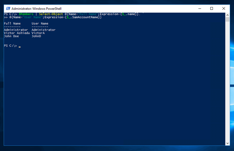 powershell få annoncegruppemedlemmer - output af scriptet indtil videre.